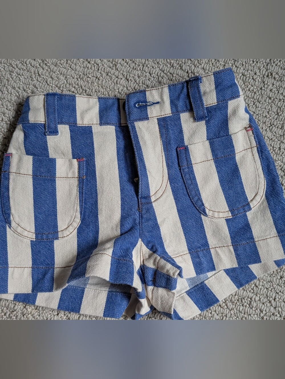 Boden Blue and White Stripe Cotton Shorts with Contrasting Pink-Thread Button